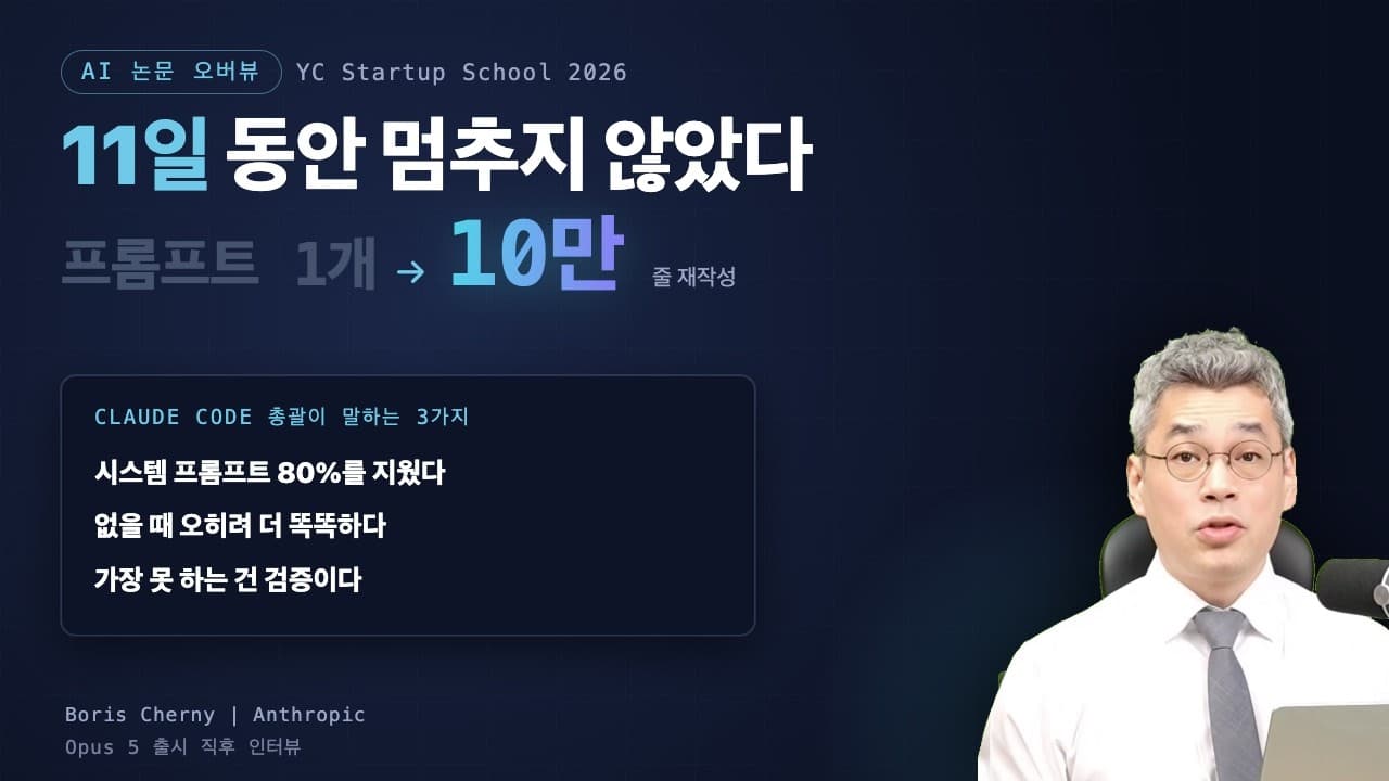 "6개월마다 CLAUDE.md를 지워보세요" 클로드 코드 총괄이 말한 AI 활용법 영상 썸네일