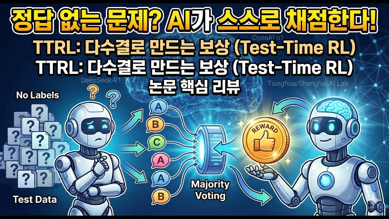 정답 없이 스스로 배우는 AI, 다수결 투표로 강화학습을 돌린 TTRL 논문 영상 썸네일