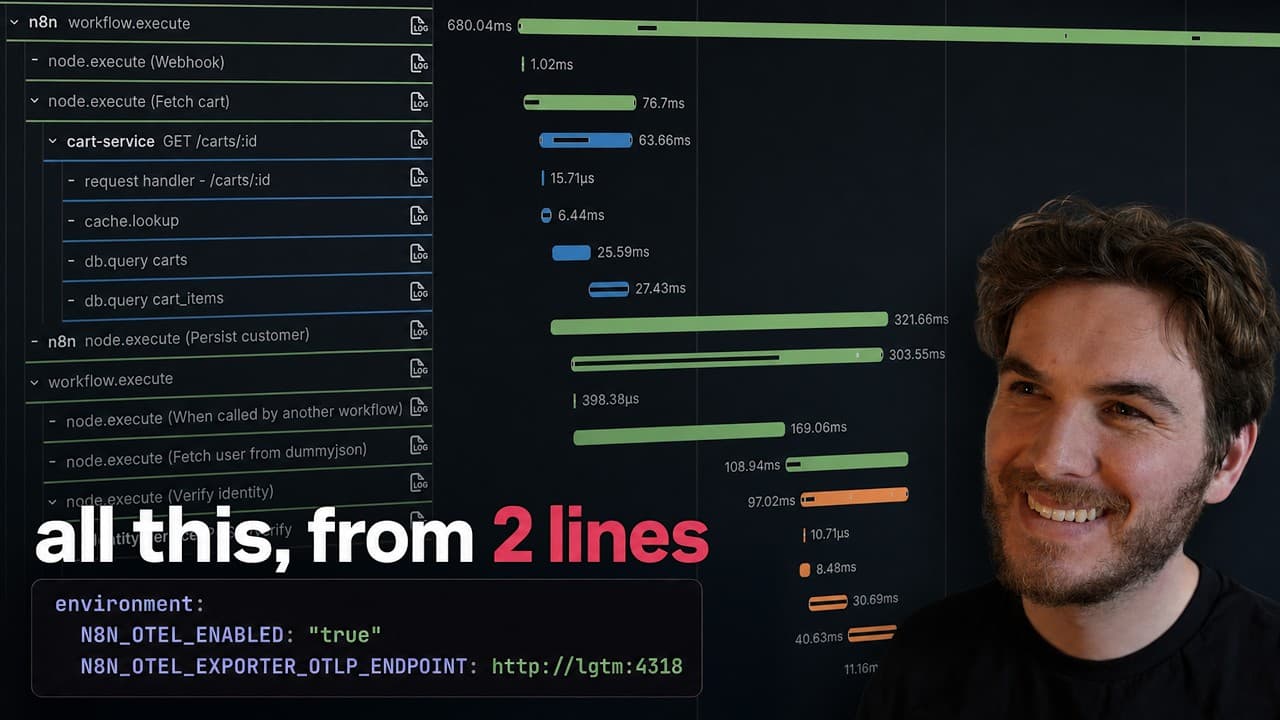 n8n 2.22, OpenTelemetry 지원: 워크플로를 분산 추적으로 들여다본다 영상 썸네일